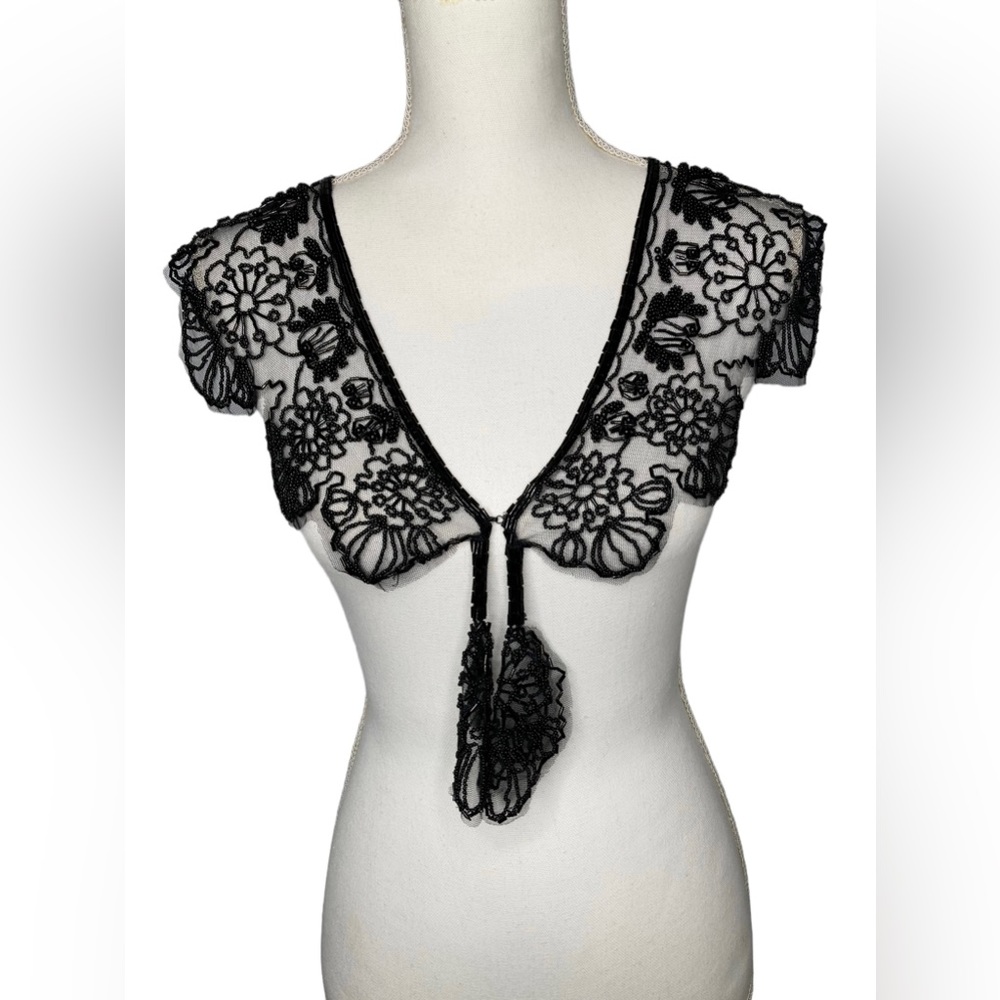 Vintage Black Beaded Mesh Floral Design Bolero Collar Shaw Belt Multi-way Piece - Picture 3 of 16
